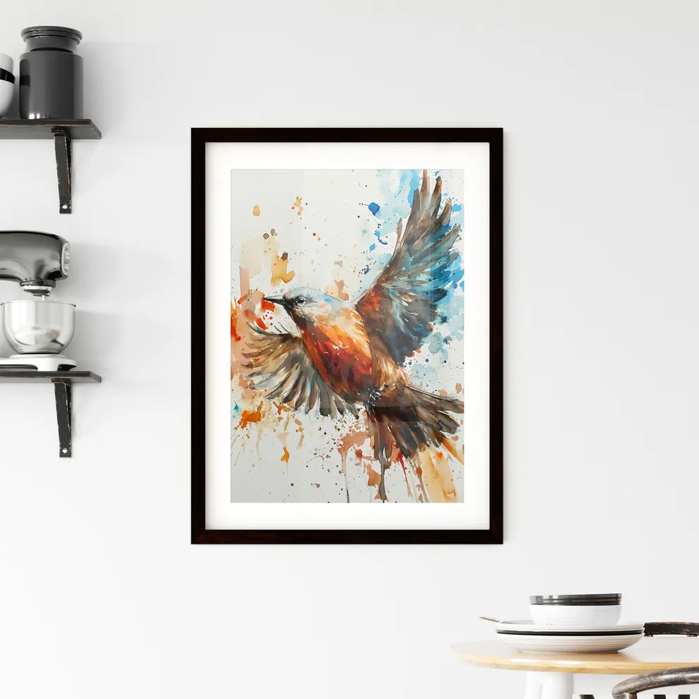 A Poster of watercolor bird in flight in beige tones  Framed Print