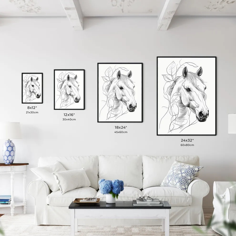 A Poster of a line art drawing of a horses face  Size Chart