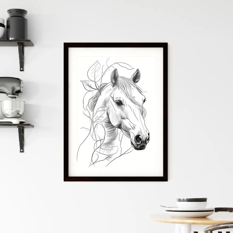 A Poster of a line art drawing of a horses face  Framed Print