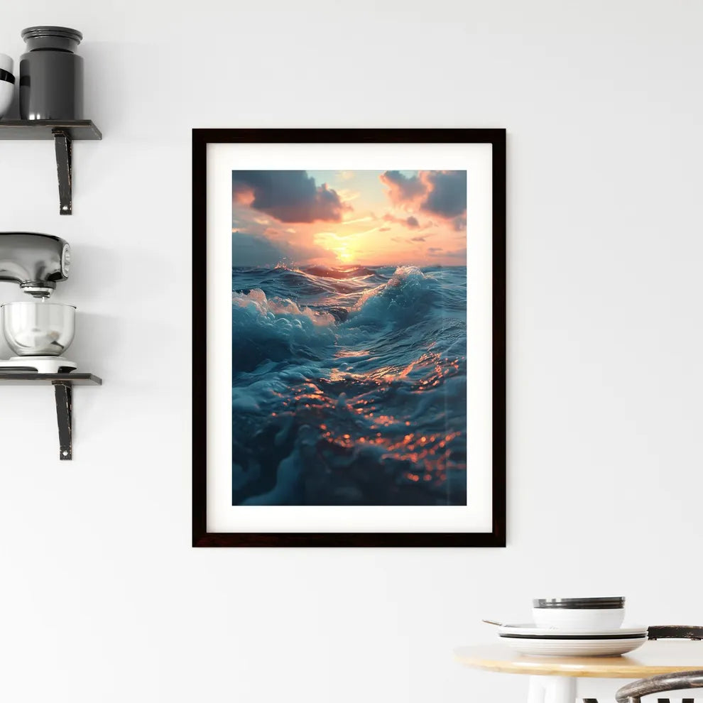 A Poster of sunset kissing the shimmering oc Framed Print