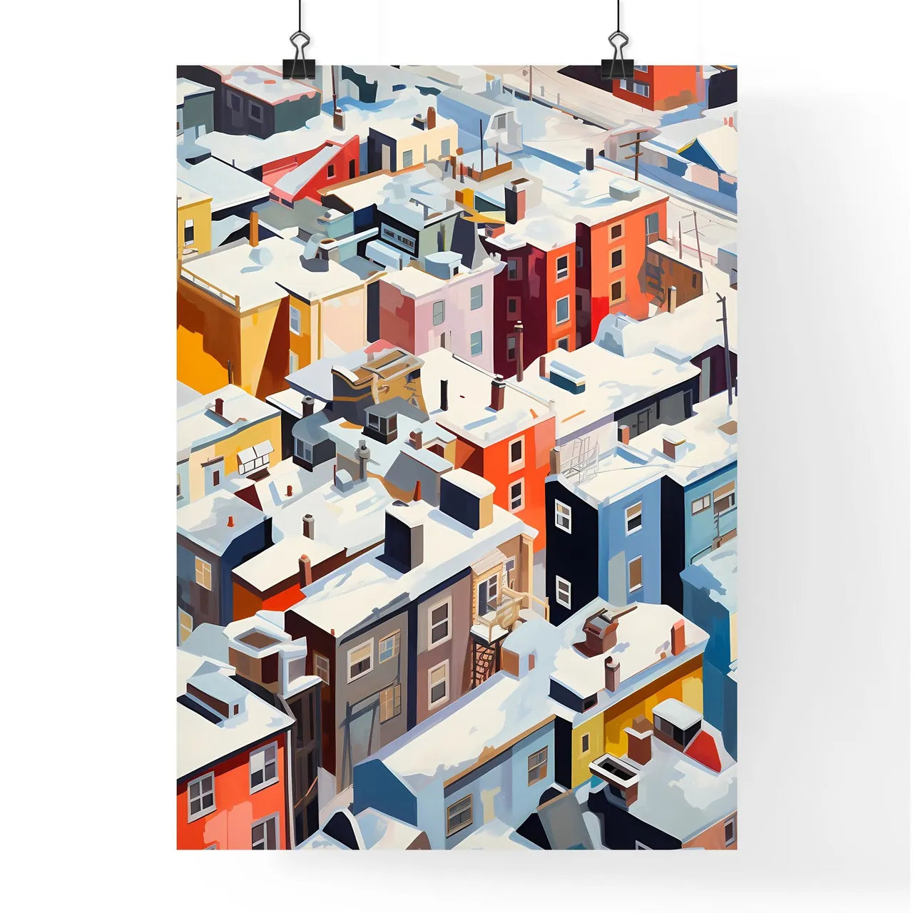 A Poster of snowy urban roofs of New York City - A Group Of Buildings Covered In Snow Poster