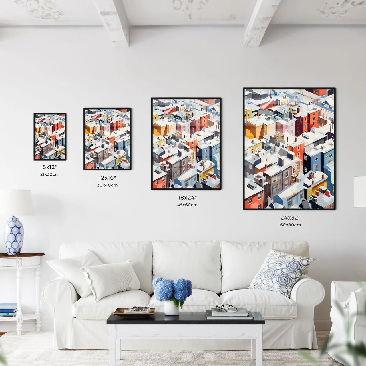 A Poster of snowy urban roofs of New York City - A Group Of Buildings Covered In Snow Size Chart