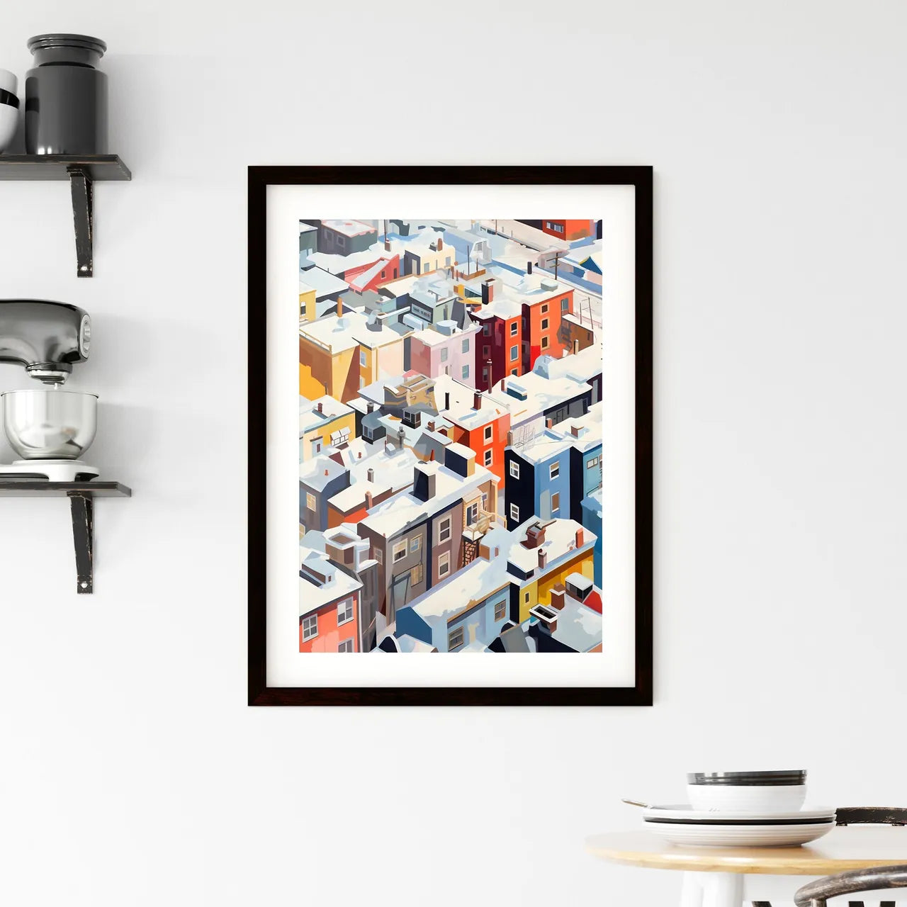 A Poster of snowy urban roofs of New York City - A Group Of Buildings Covered In Snow Custom Print