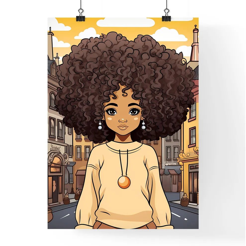 A Poster of cute afro girl - Cartoon Girl With Big Curly Hair And Large Earrings Poster