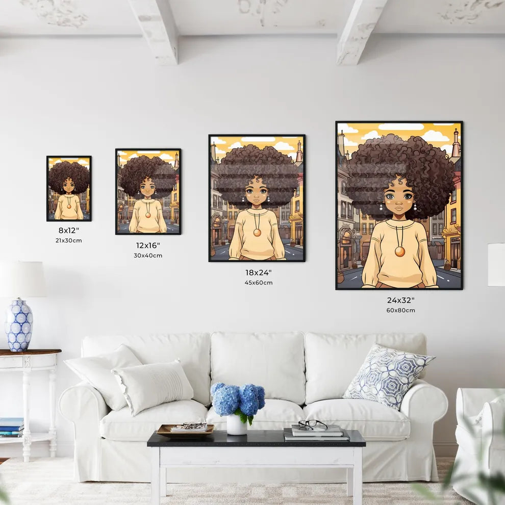 A Poster of cute afro girl - Cartoon Girl With Big Curly Hair And Large Earrings Size Chart