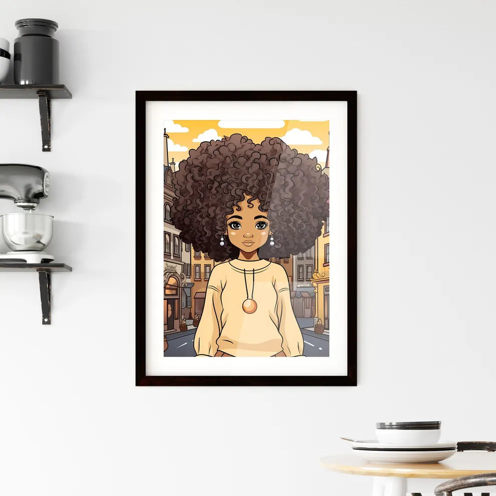 A Poster of cute afro girl - Cartoon Girl With Big Curly Hair And Large Earrings Custom Print