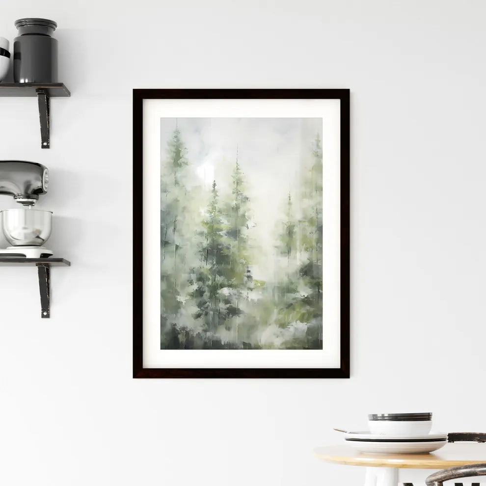 A Poster of a painting of green forest trees Framed Print