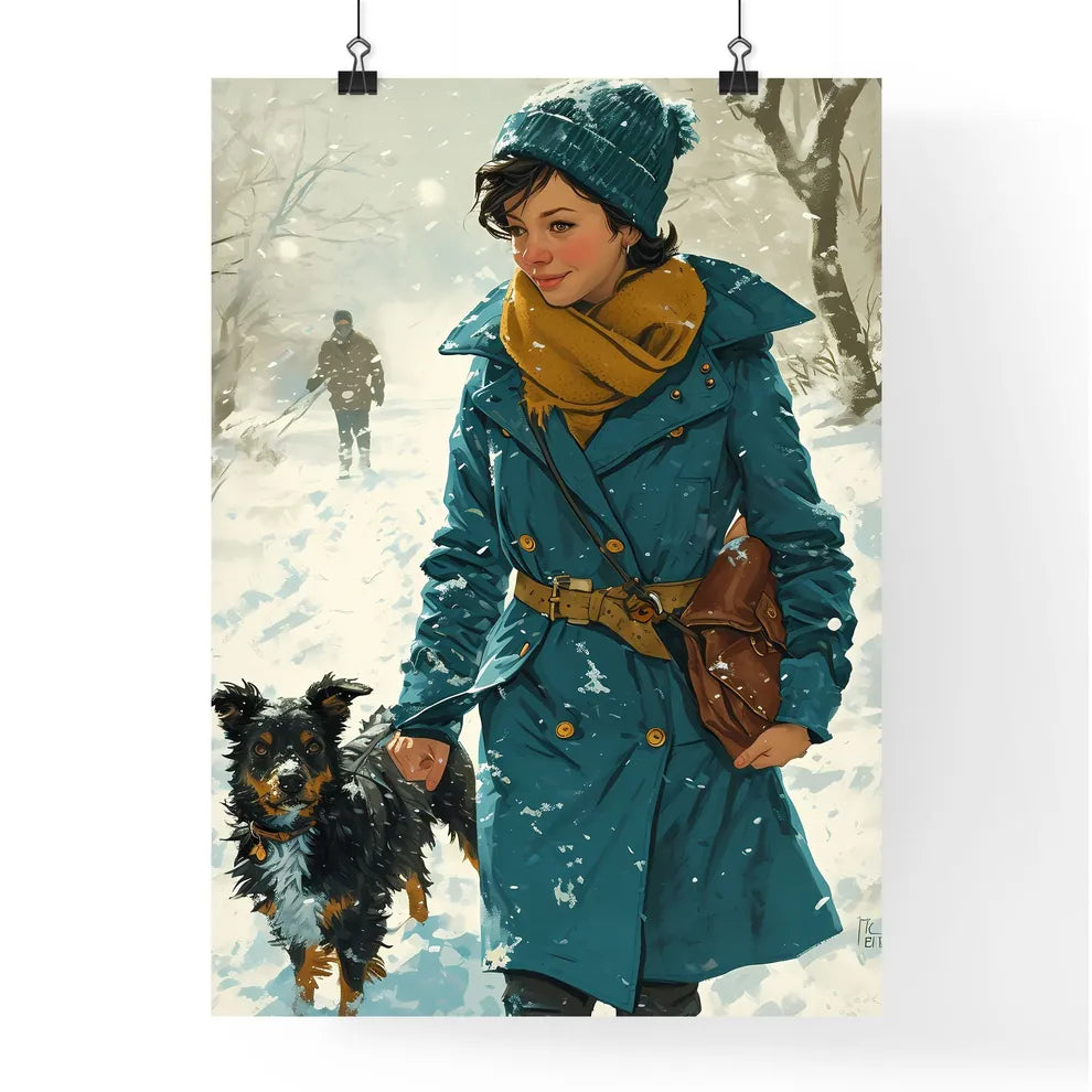 A Poster of a girl is walking with a black dog  Poster