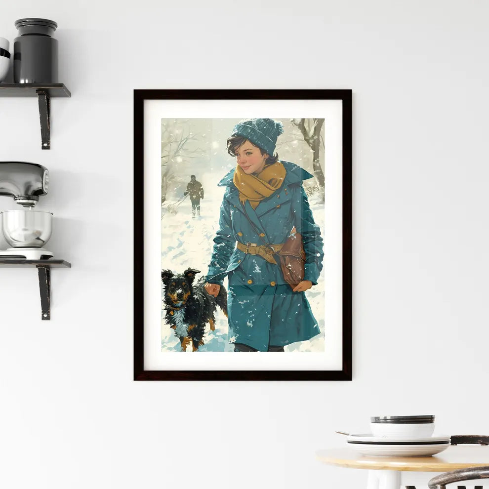 A Poster of a girl is walking with a black dog  Framed Print