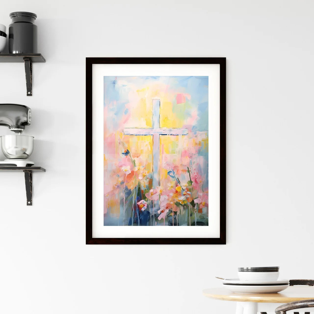 A Poster of a painting of a cross - A Painti Framed Print