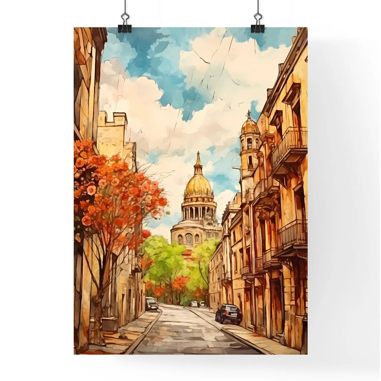 A Poster of cinco de mayo holiday - A Street With Buildings And Trees And A Building With A Dome Poster