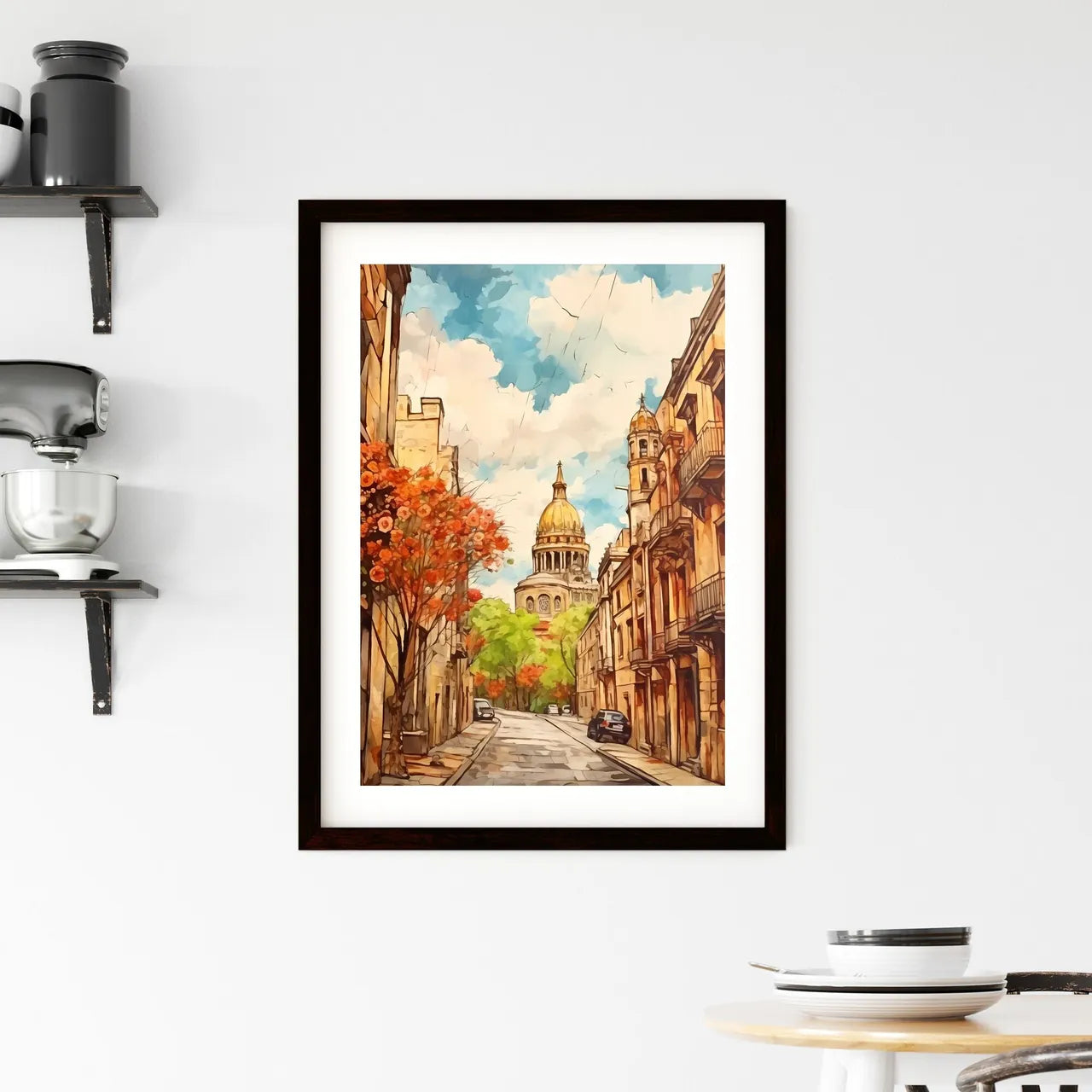 A Poster of cinco de mayo holiday - A Street With Buildings And Trees And A Building With A Dome Custom Print