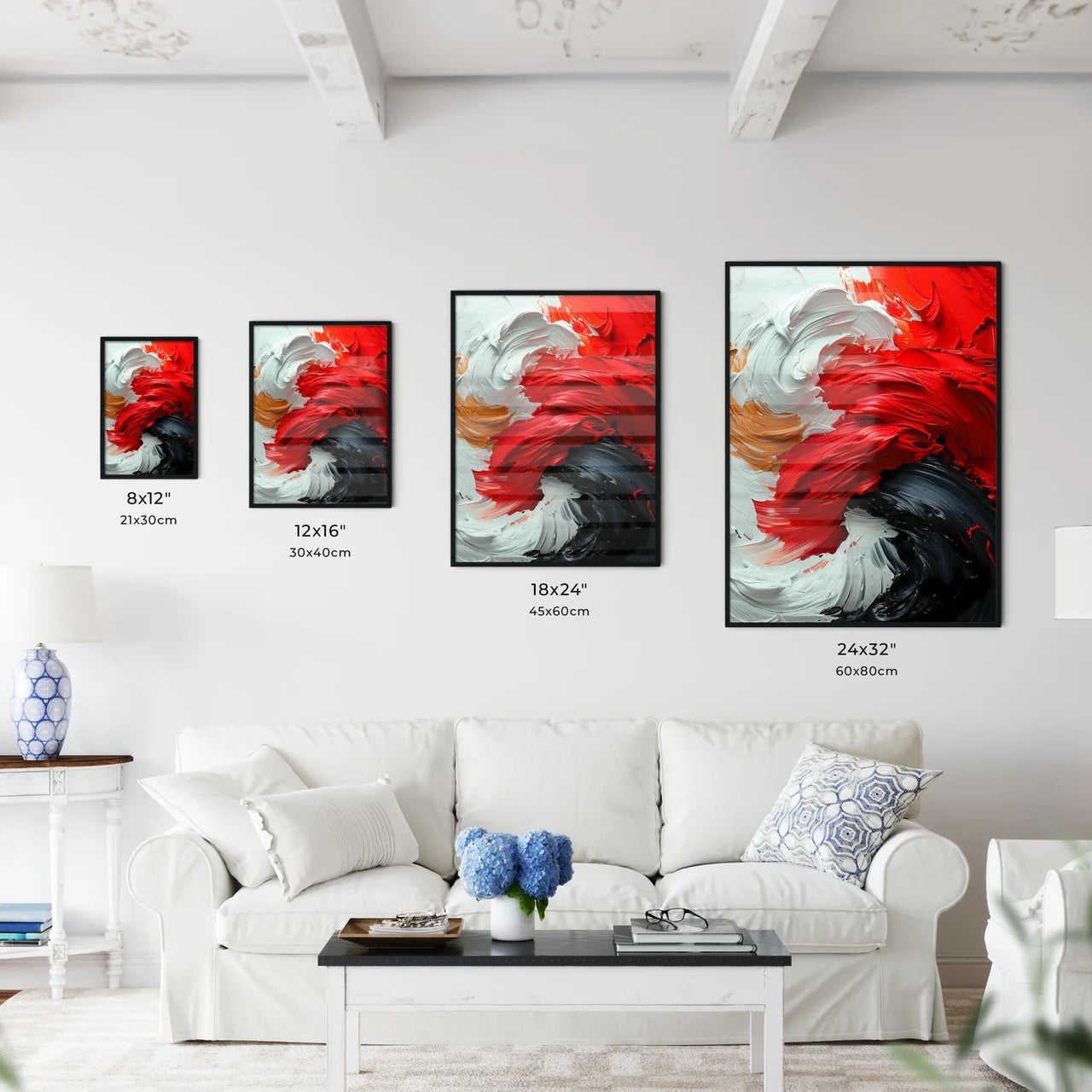 A Poster of a black canvas with white and re - Kitchen Hangings