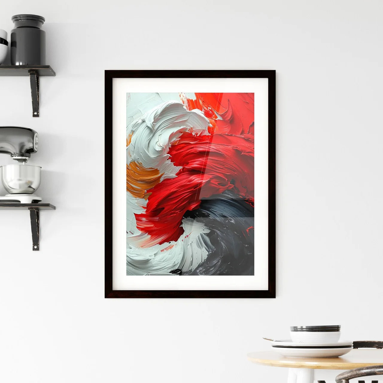 A Poster of a black canvas with white and re Framed Print