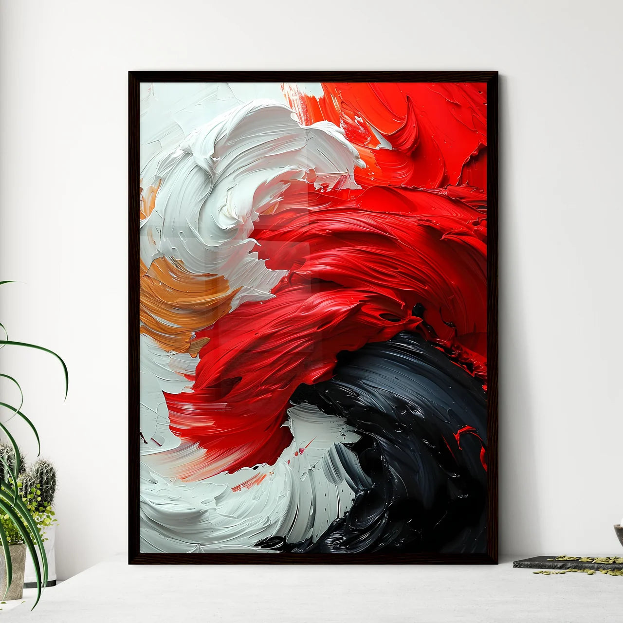 A Poster of a black canvas with white and re - Framed Art Print