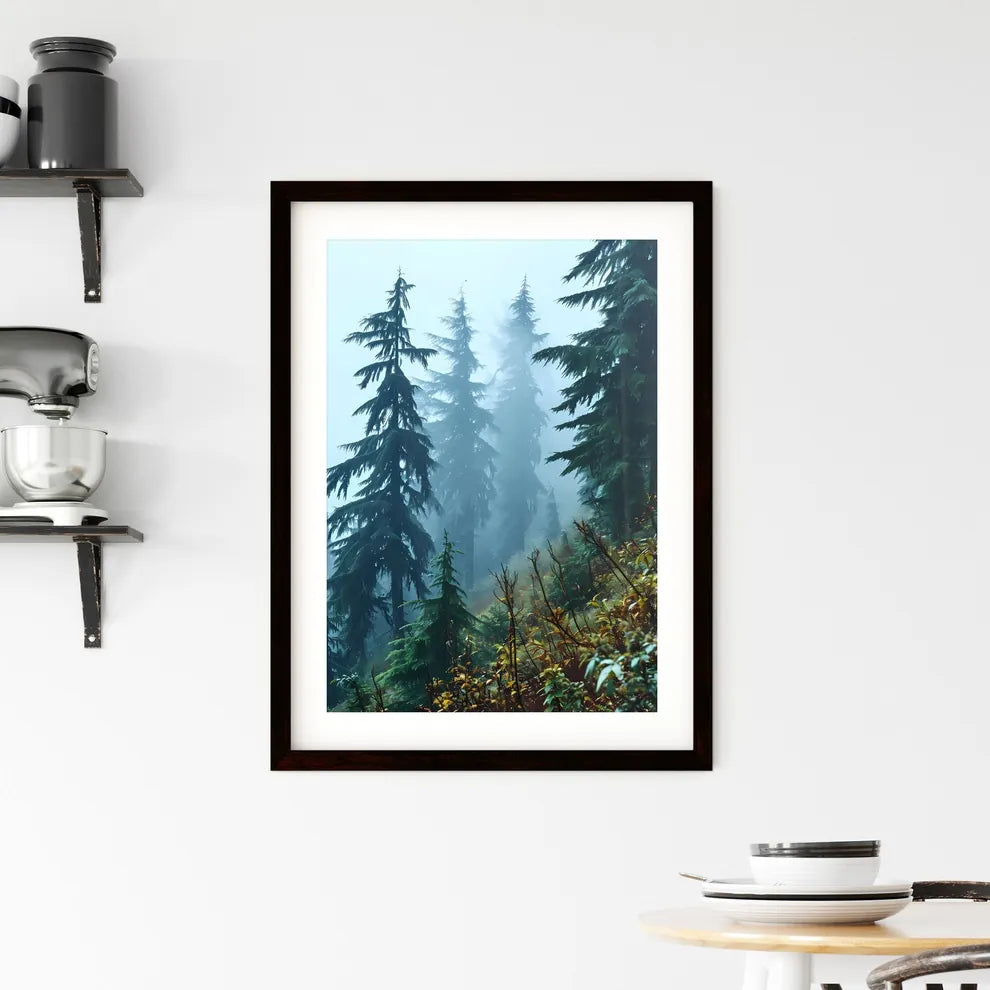A Poster of tree mountain forest near mist - Framed Print
