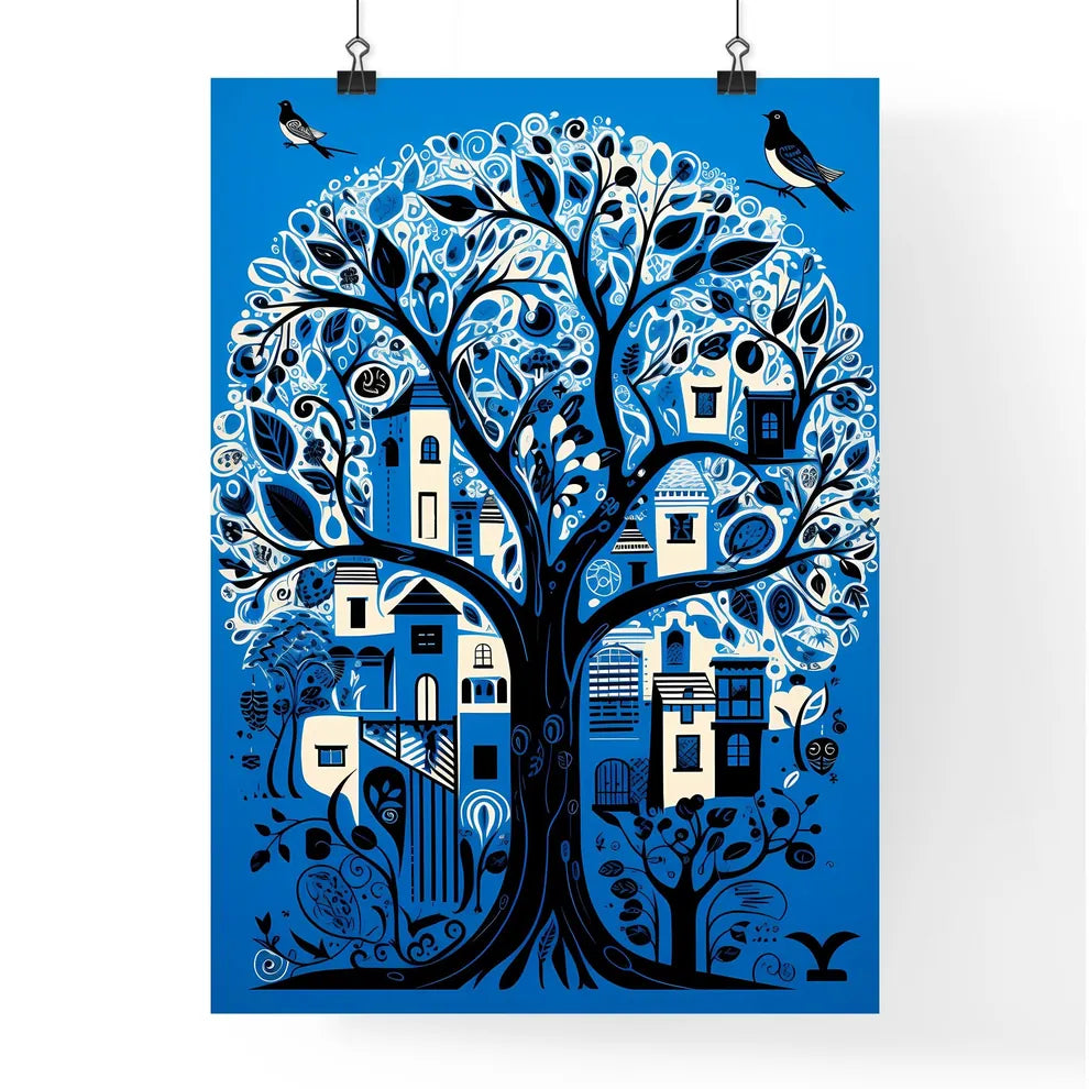 A Poster of electric blue Israel - A Tree With Buildings And Leaves Poster