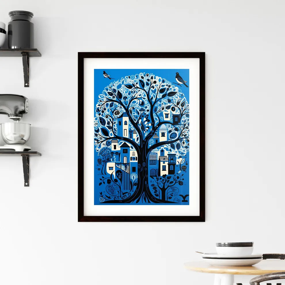 A Poster of electric blue Israel - A Tree With Buildings And Leaves Custom Print