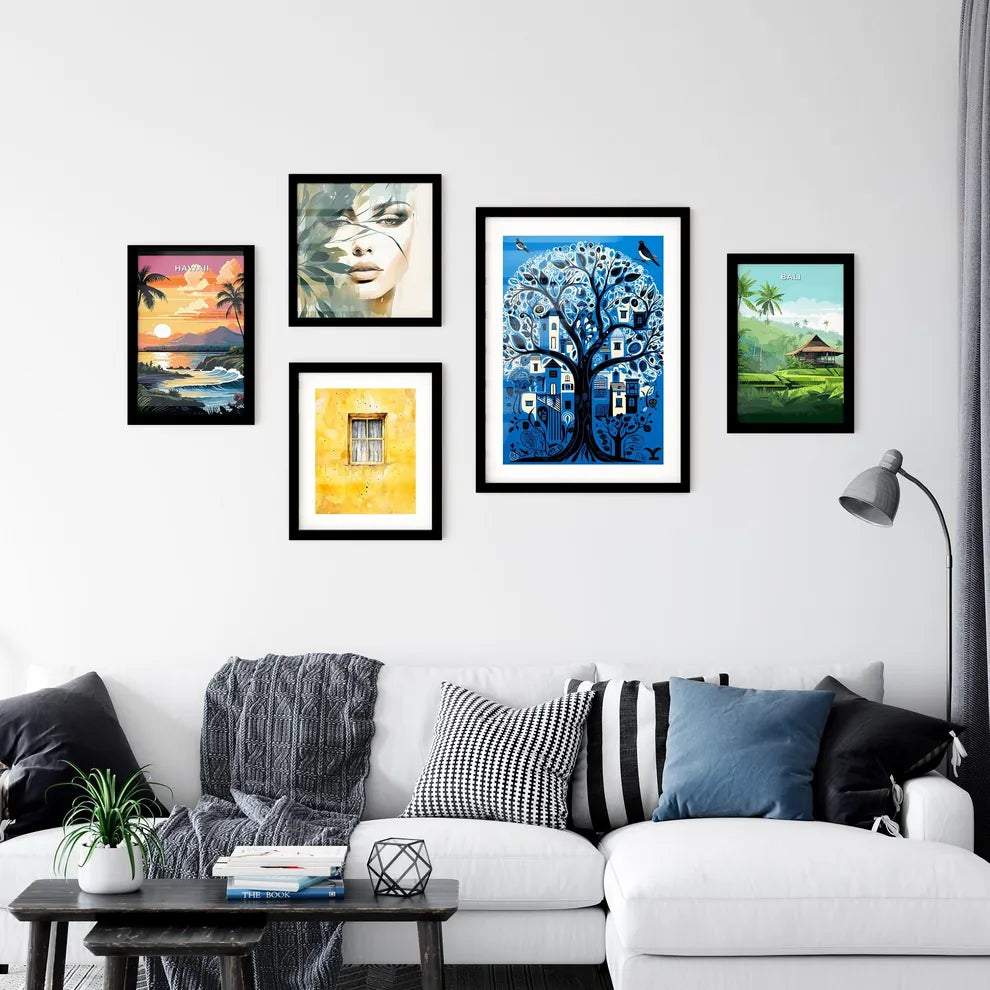 A Poster of electric blue Israel - A Tree With Buildings And Leaves Interior Design