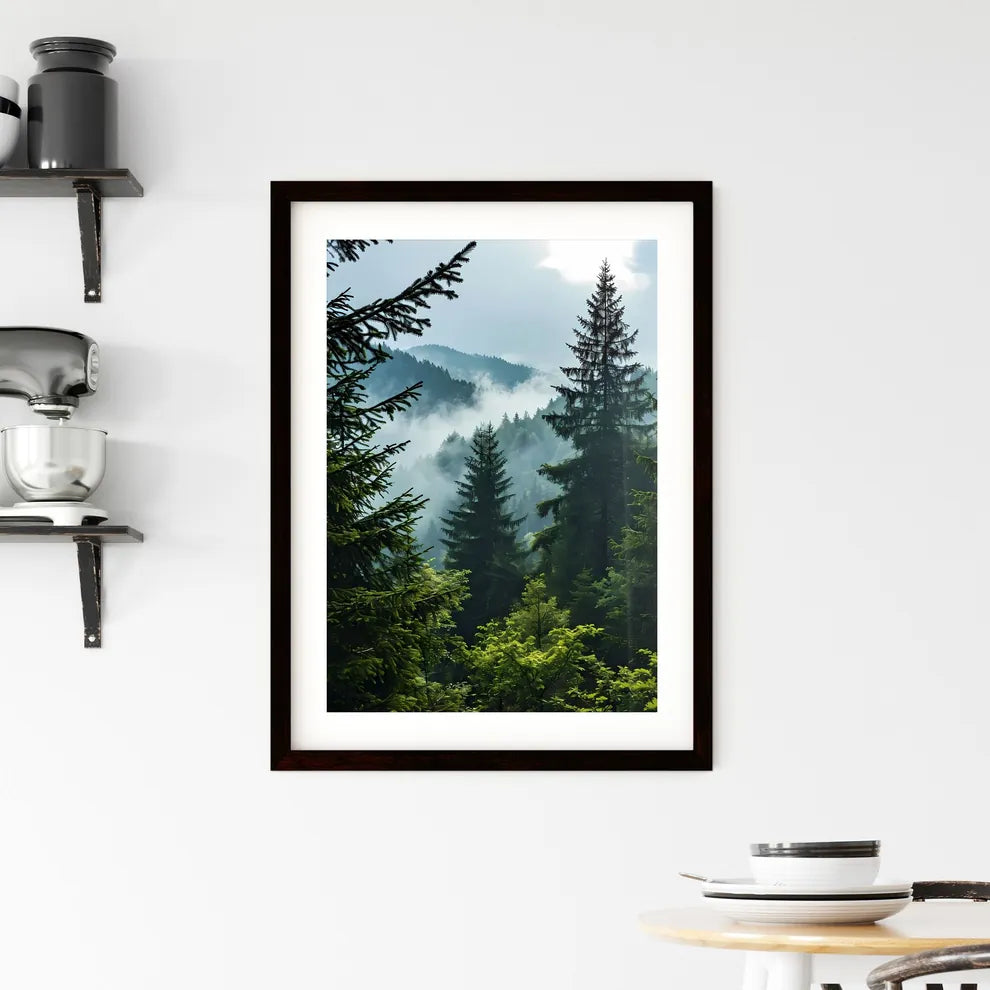 A Poster of tree mountain forest near mist - Framed Print