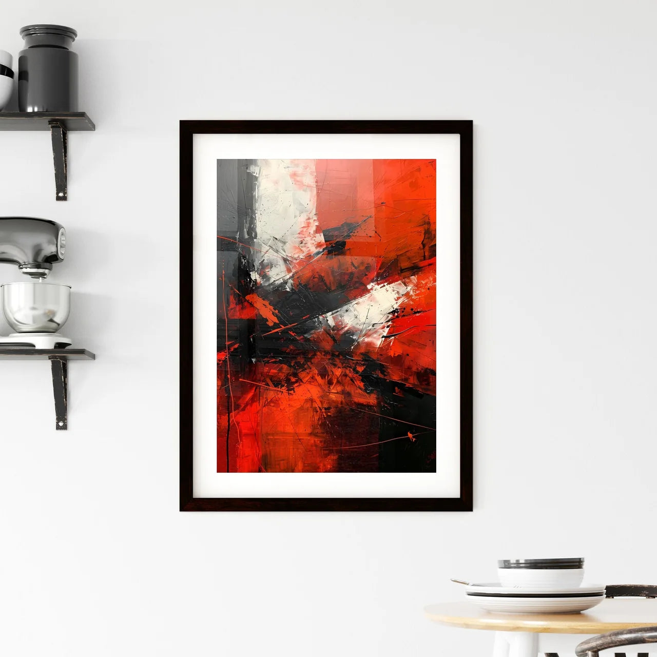 A Poster of a black canvas with white and re Framed Print