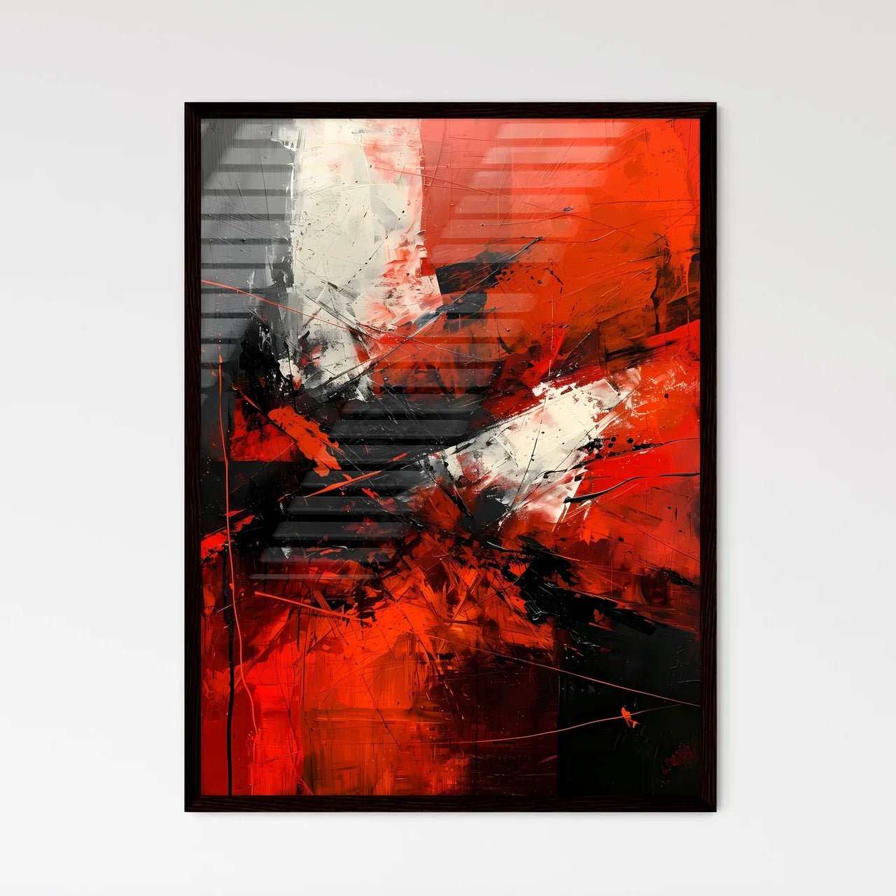 A Poster of a black canvas with white and re - Framed Art Print