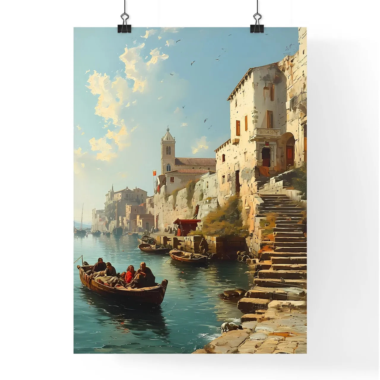 A Poster of injured soldiers - A Painting Of A Boat On Water With Buildings And A Church Poster