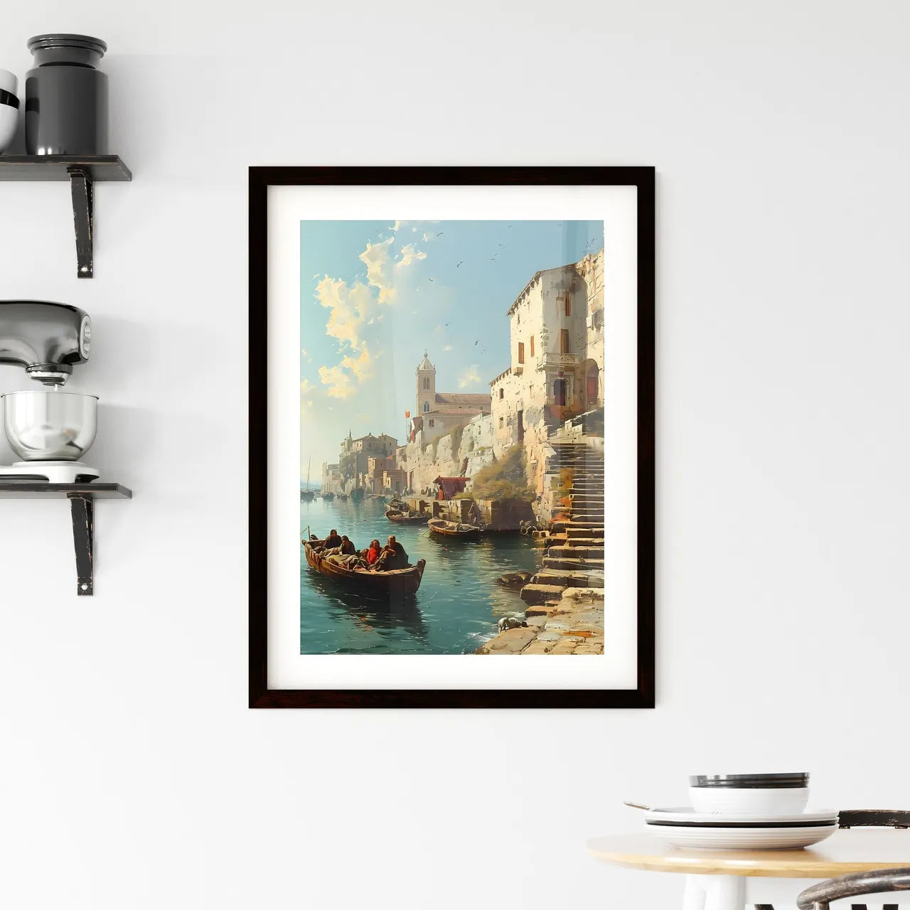A Poster of injured soldiers - A Painting Of A Boat On Water With Buildings And A Church Custom Print