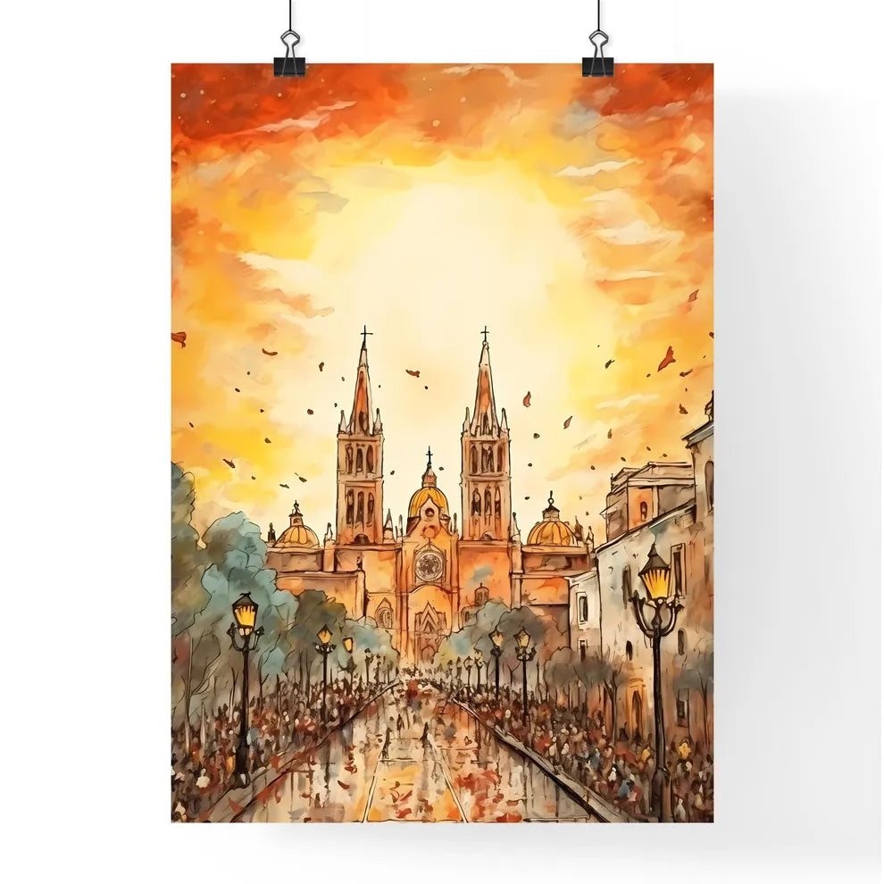 A Poster of cinco de mayo holiday - A Drawing Of A Church With A Crowd Of People Walking Down A Street Poster