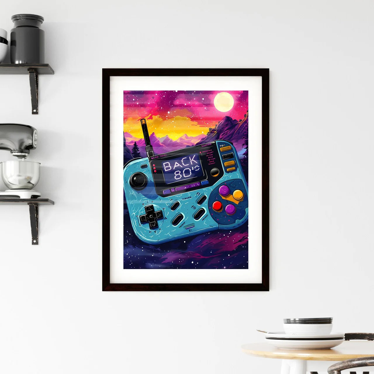 A Poster of 'back to the 80s'in a colorful b Framed Print