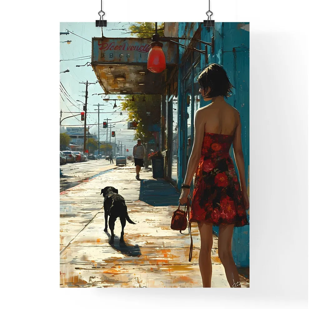 A Poster of a girl is walking with a black dog  Poster