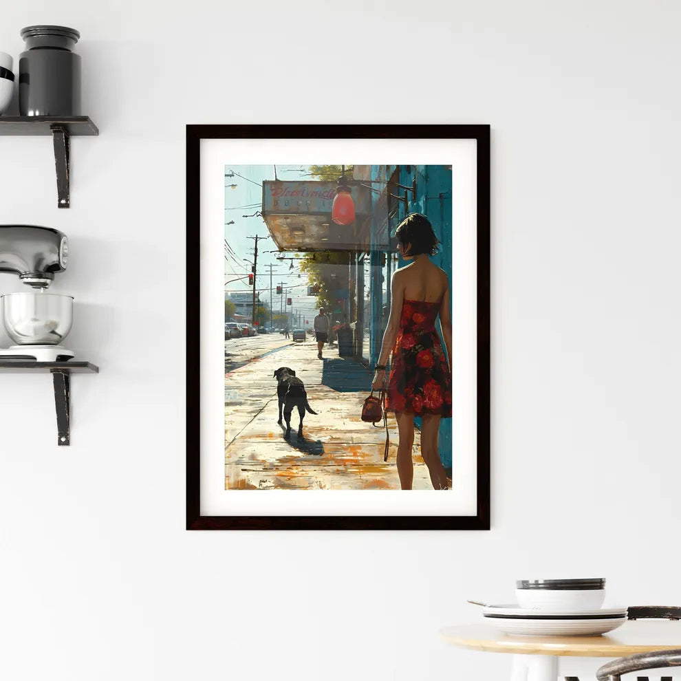 A Poster of a girl is walking with a black dog  Framed Print