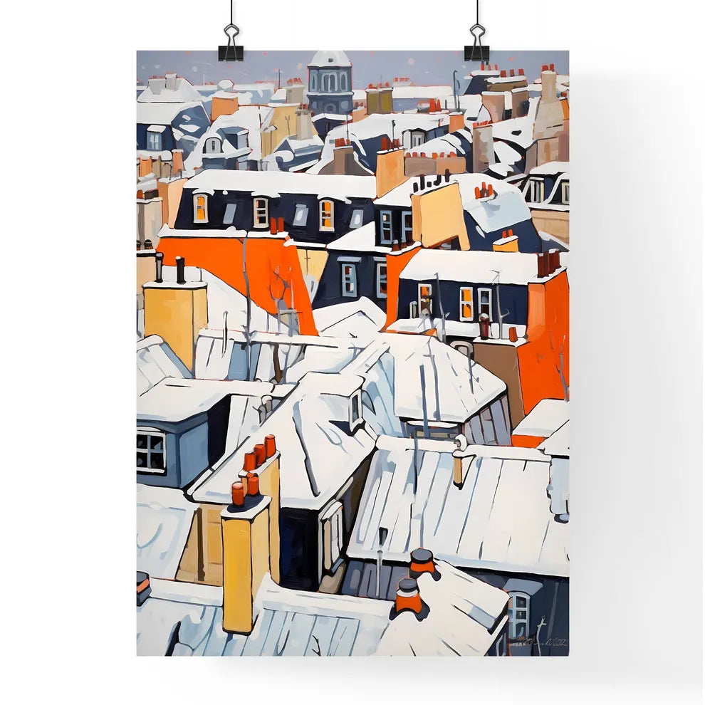 A Poster of snowy urban roofs of paris - A Rooftops Covered In Snow Poster