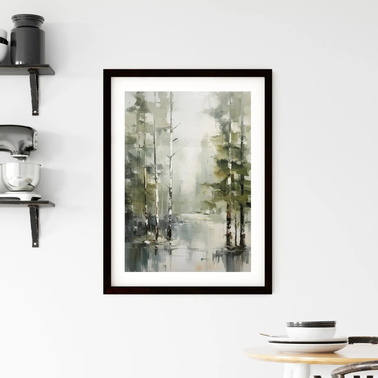 A Poster of a painting of green forest trees Framed Print