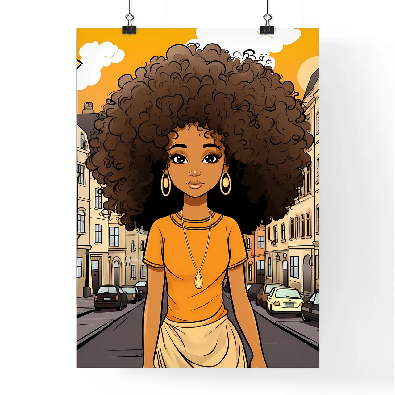 A Poster of cute afro girl - Cartoon Of A Woman With Big Curly Hair Poster