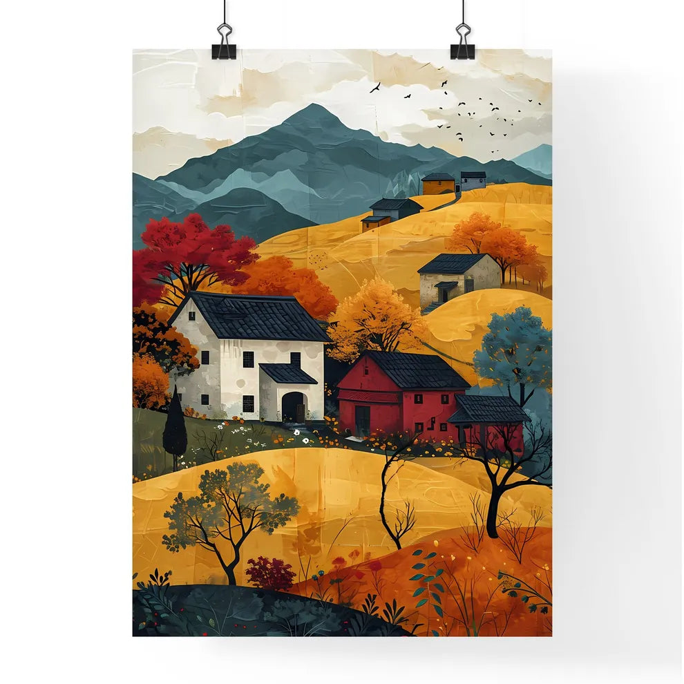 A Poster of Mountains landscape - A Painting Of Houses In A Valley Poster
