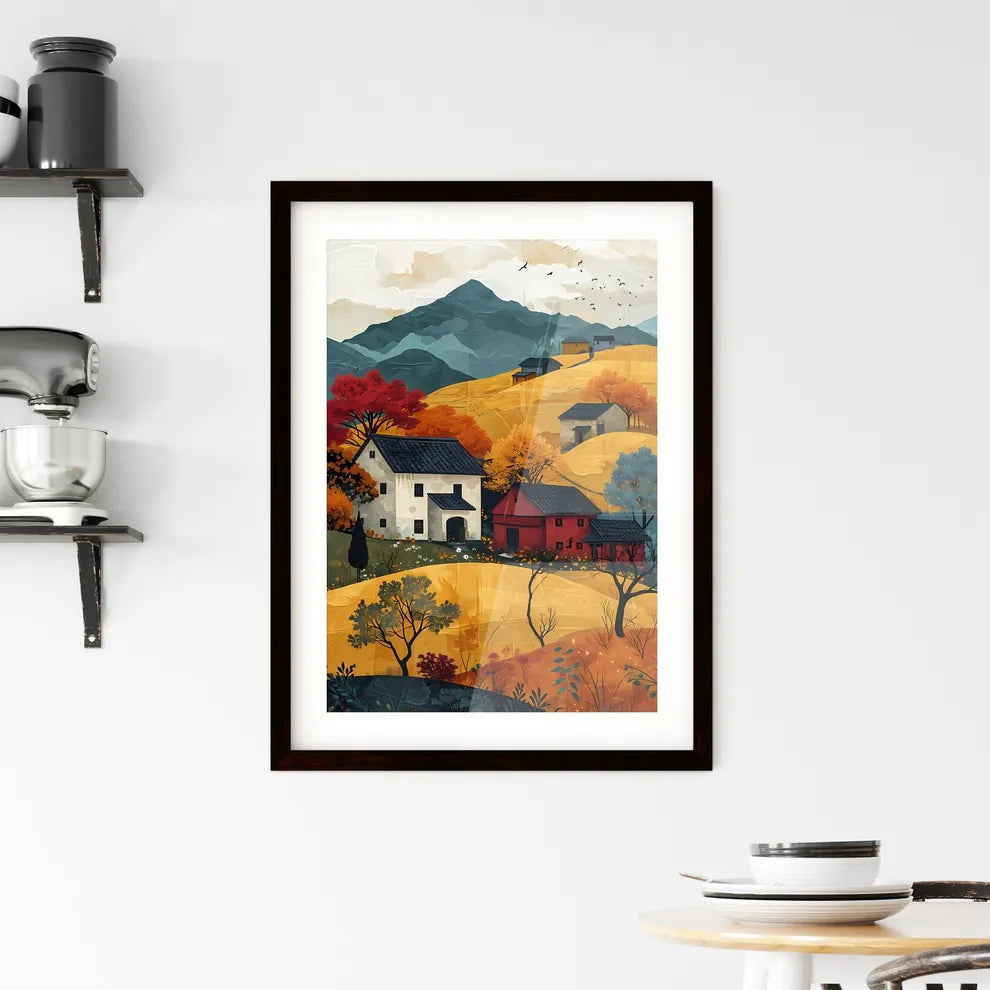 A Poster of Mountains landscape - A Painting Of Houses In A Valley Custom Print