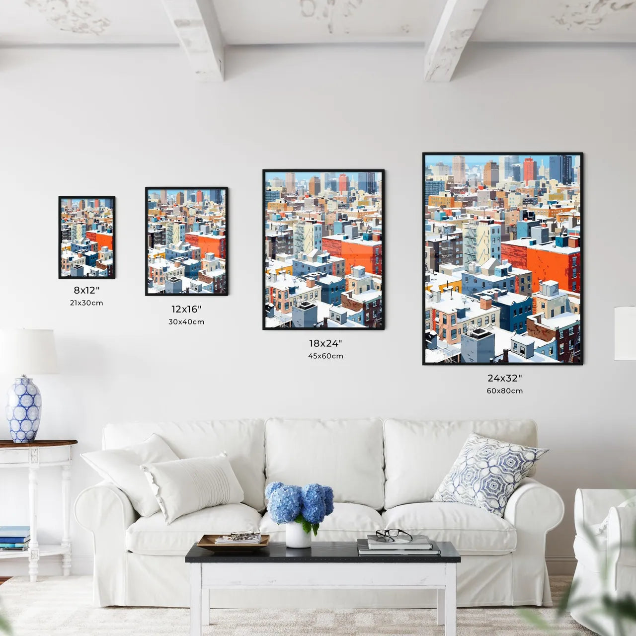 A Poster of snowy urban roofs of New York City - A City With Many Buildings Covered In Snow Size Chart