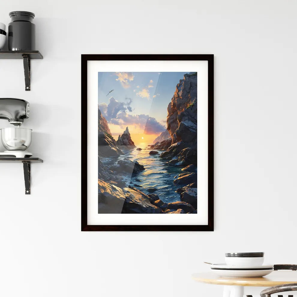A Poster of sunset kissing the shimmering oc Framed Print