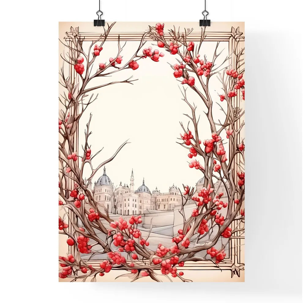 A Poster of Holiday Frame made from Christmas tree - A Drawing Of A Tree With Red Berries Poster