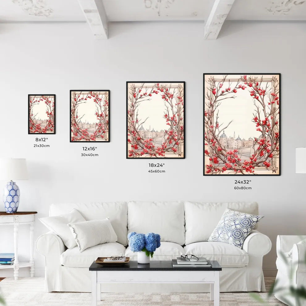 A Poster of Holiday Frame made from Christmas tree - A Drawing Of A Tree With Red Berries Size Chart