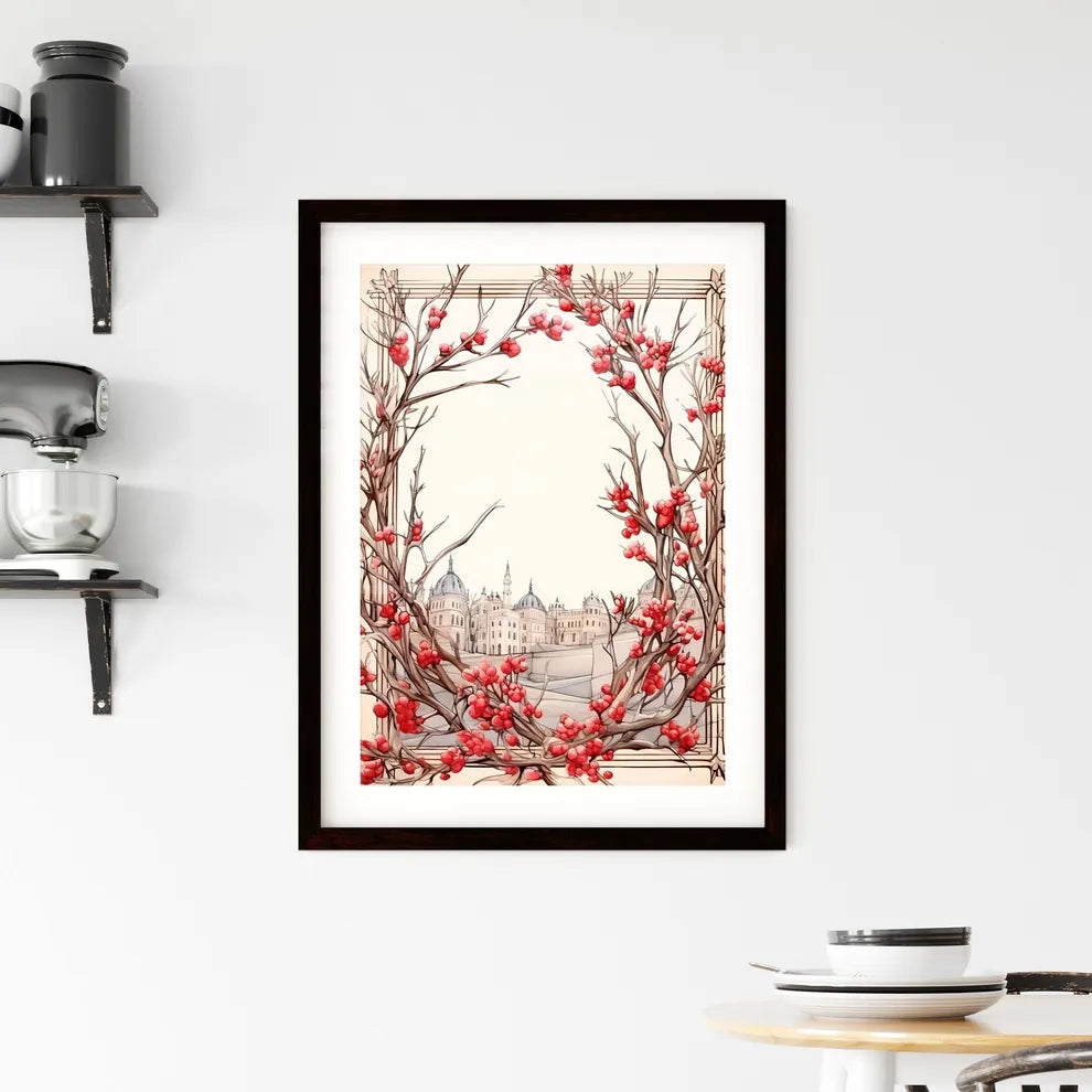 A Poster of Holiday Frame made from Christmas tree - A Drawing Of A Tree With Red Berries Custom Print