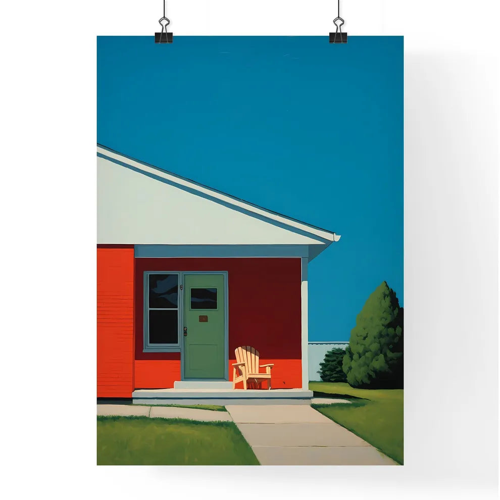 A Poster of nursing home saturated color - A Red House With A Lawn And A Chair Poster