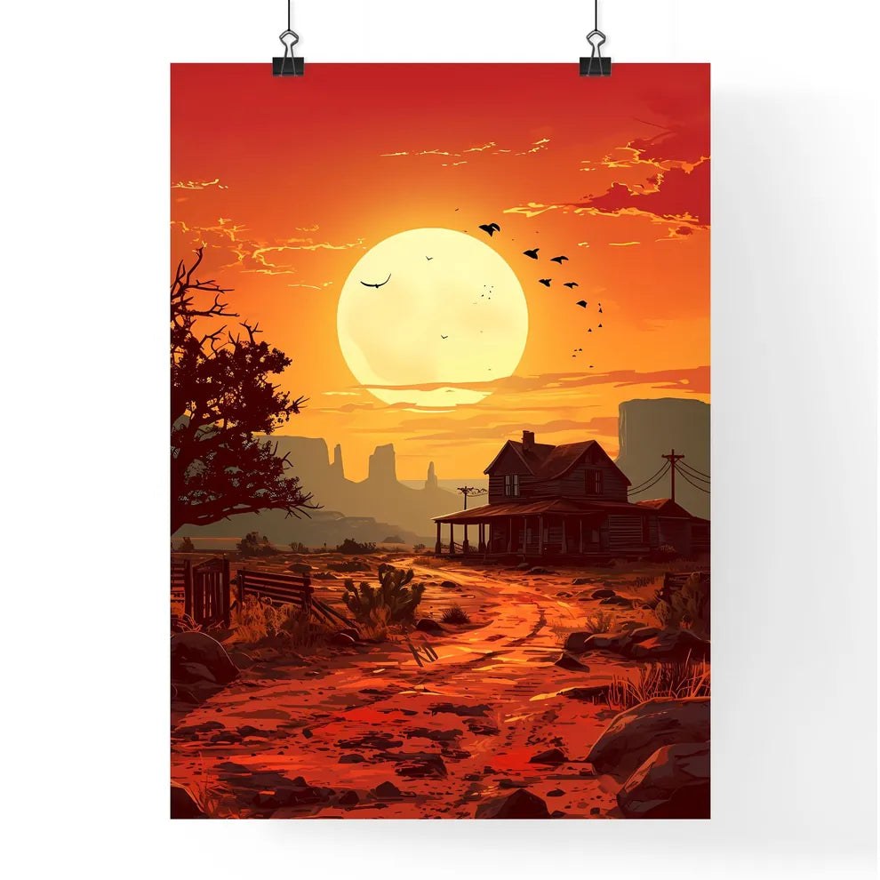A Poster of winter desert day landscape - A House In A Desert With A Sunset Poster
