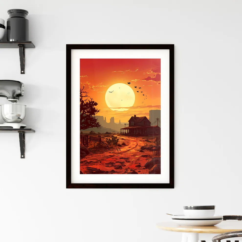 A Poster of winter desert day landscape - A House In A Desert With A Sunset Custom Print
