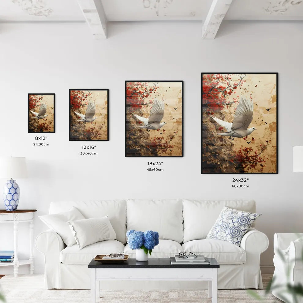 A Poster of watercolor bird in flight in beige tones  Size Chart