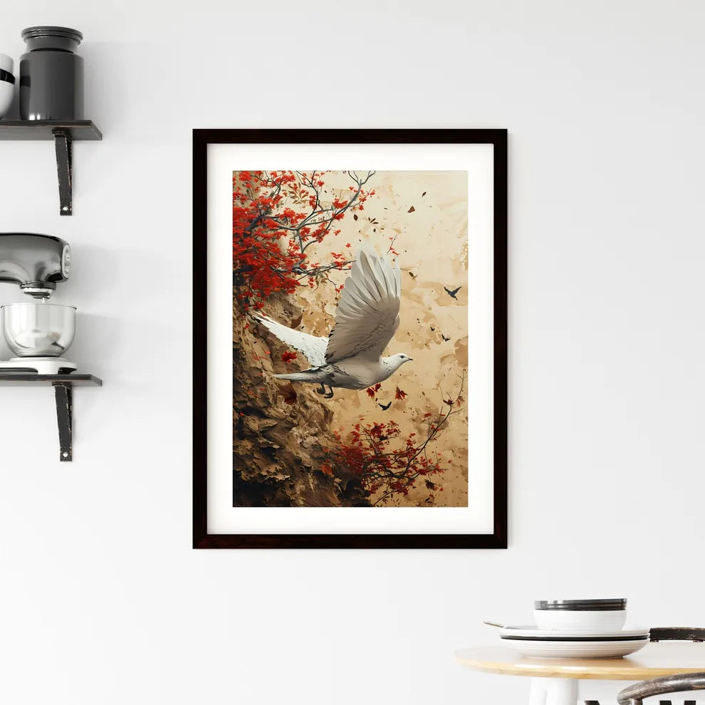 A Poster of watercolor bird in flight in beige tones  Framed Print