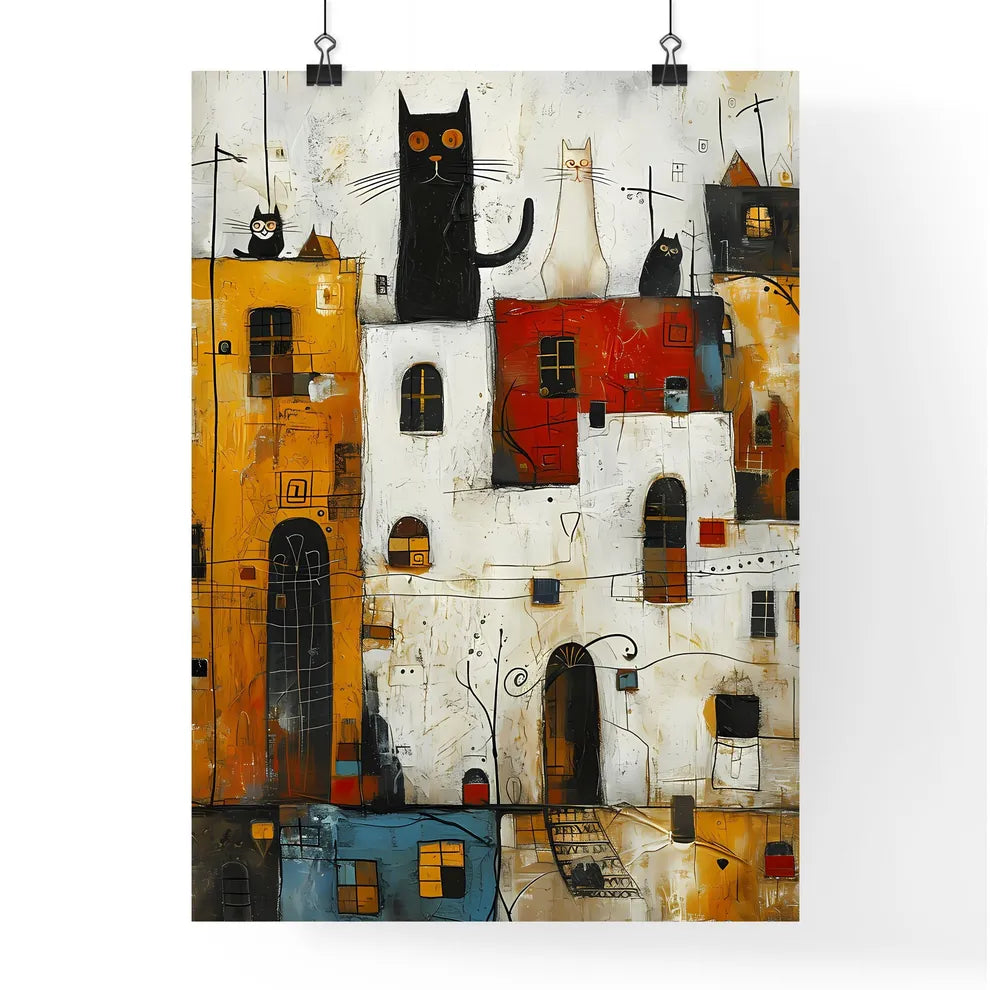 A Poster of cats eclectic squares on a white background - A Painting Of A City With Cats On It Poster