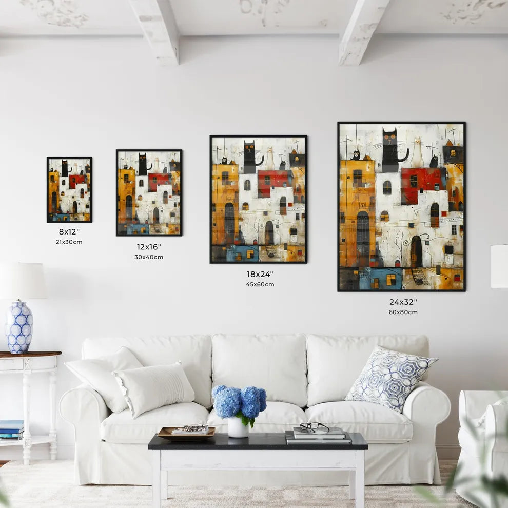 A Poster of cats eclectic squares on a white background - A Painting Of A City With Cats On It Size Chart