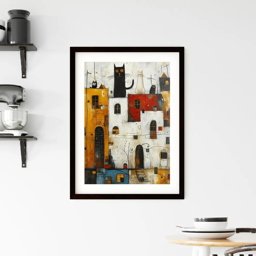 A Poster of cats eclectic squares on a white background - A Painting Of A City With Cats On It Custom Print